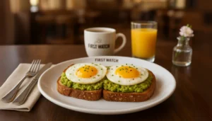 A plate displaying two fried eggs a top a slice of crispy first watch avocado toast.