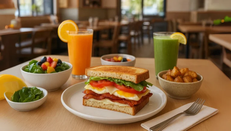 First Watch BLTE Price & Calories 2025 4 A table displaying first watch BLTE sandwich, a vibrant salad, and drinks, perfect for a light lunch or casual gathering. It's give the idea about customization of first watch BLTE.