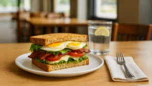 A First watch BLTE sandwich topped with a fried egg is placed on a white plate, showcasing a delicious meal.