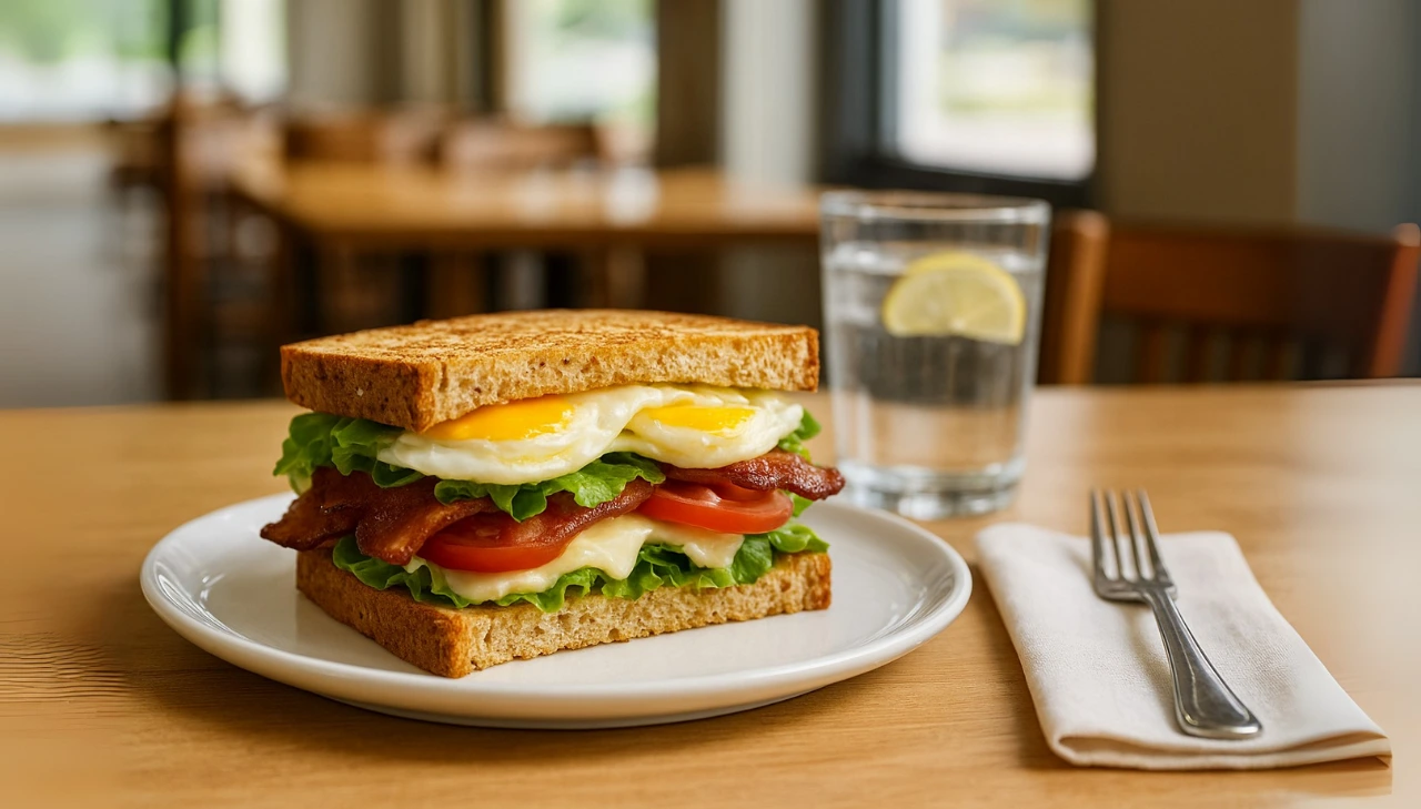 A First watch BLTE sandwich topped with a fried egg is placed on a white plate, showcasing a delicious meal.