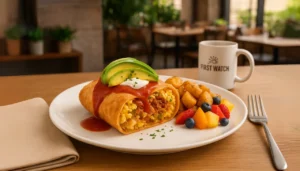 A plate featuring a First Watch Chickichanga breakfast burrito alongside colorful fruit and vegetables