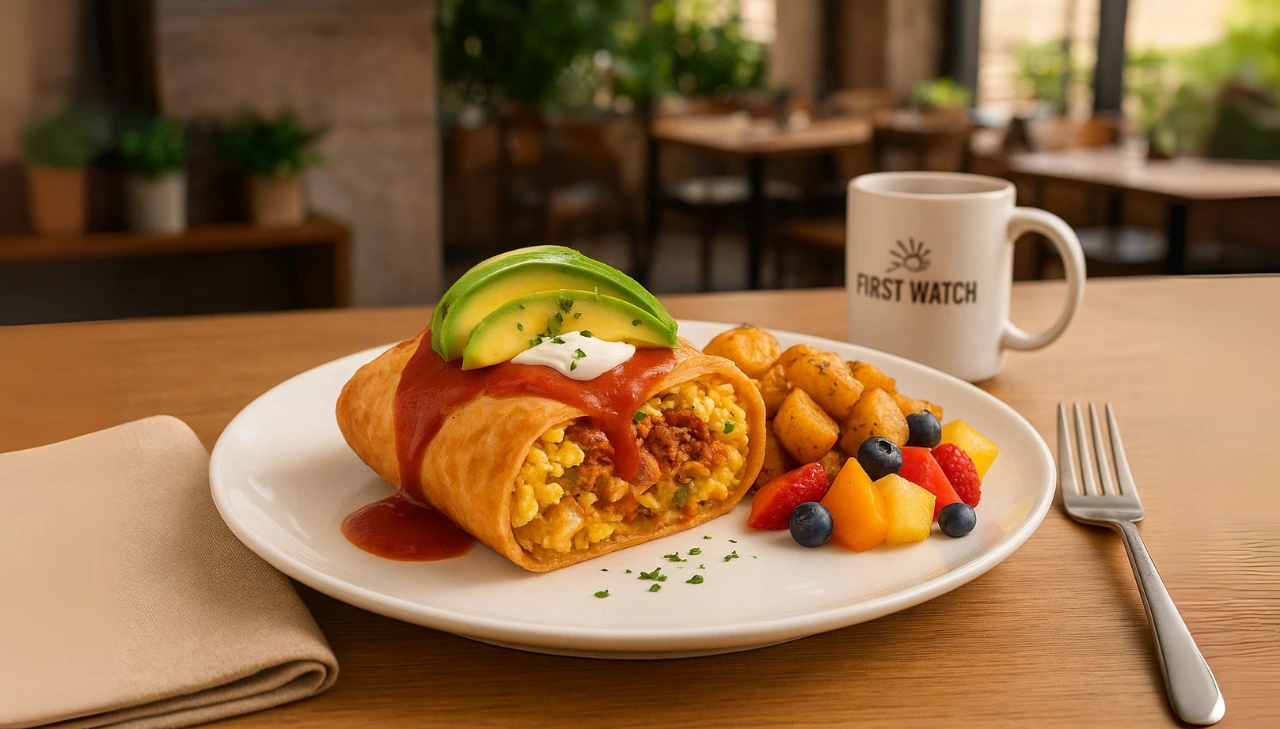 A plate featuring a First Watch Chickichanga breakfast burrito alongside colorful fruit and vegetables