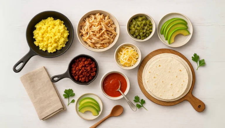 First Watch Chickichanga price, Nutrition & Recipe in 2025 8 Ingredients for First Watch Chickichanga: eggs, cheese, tortillas, and salsa displayed together on a wooden surface