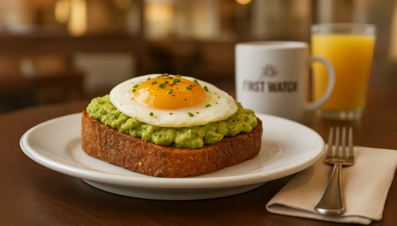 A slice of first watch avocado toast spread with guacamole and garnished with a sunny-side-up fried egg.