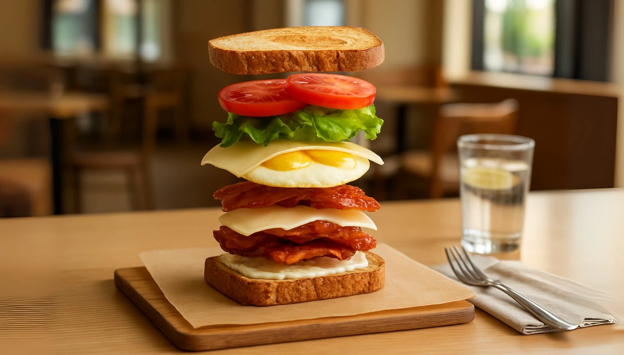 First Watch BLTE Price & Calories 2025 3 A hearty first Watch BLTE sandwich with layers of bacon, eggs, tomatoes, and cheese, arranged on a wooden board and give the information what's inside it.