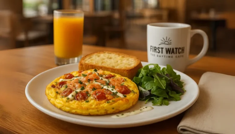 A savory breakfast plate featuring a First Watch Smoked Salmon Frittata with tomatoes and herbs, fresh greens, and toast. Paired with orange juice and a mug of coffee on a wooden table.