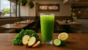A glass of first watch kale tonic green juice sits on a wooden table, surrounded by kale, apple slices, lemon, and cucumber.