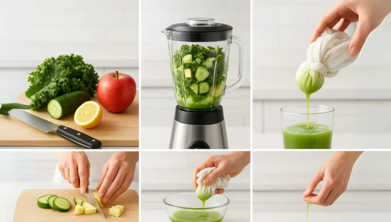 First Watch Kale Tonic Price & Calories 2025 4 A collage shows smoothie-making steps of first watch kale tonic: kale, cucumber, apple, and lemon on a board; ingredients blended; juice squeezed into a glass; hands chopping. Fresh, healthy vibe.