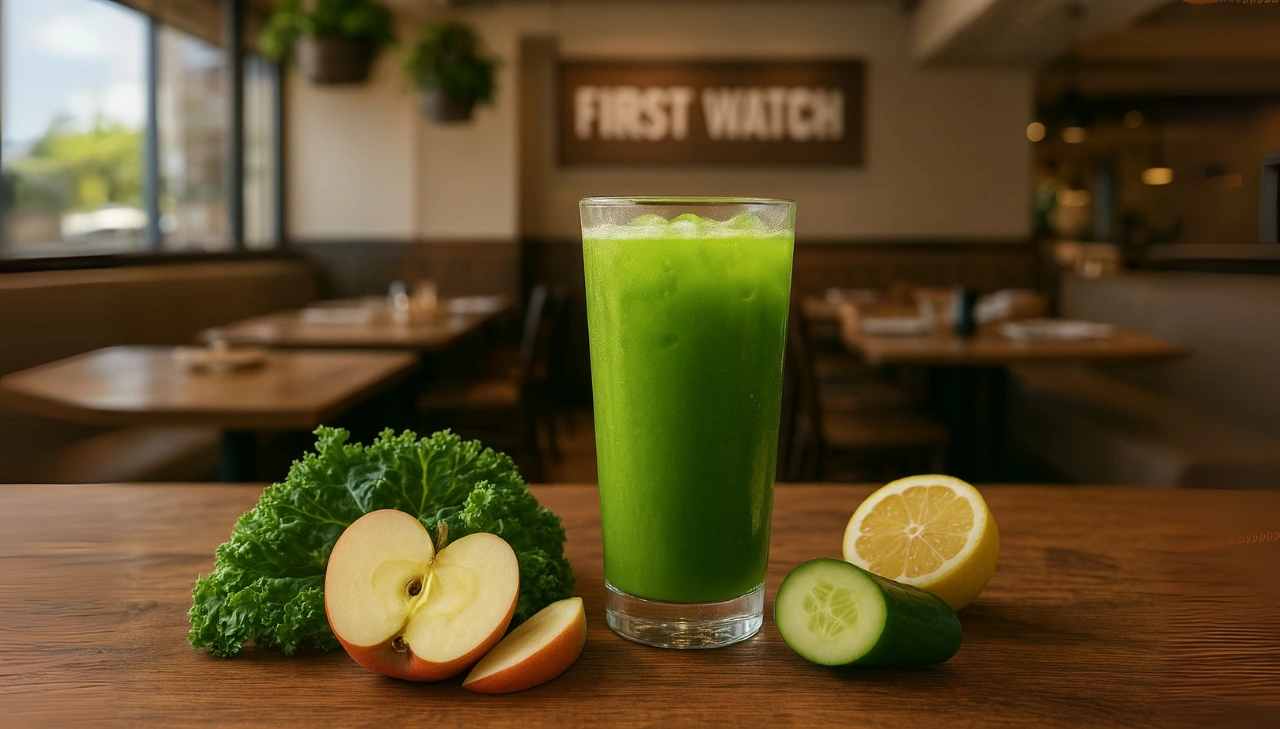 A glass of first watch kale tonic green juice sits on a wooden table, surrounded by kale, apple slices, lemon, and cucumber.