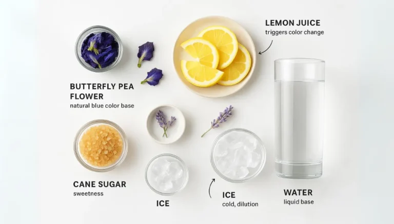 An arrangement of ingredients purple haze drink first watch on a white background butterfly pea flowers, lemon slices, cane sugar, ice, and water. Labels note roles in color change.