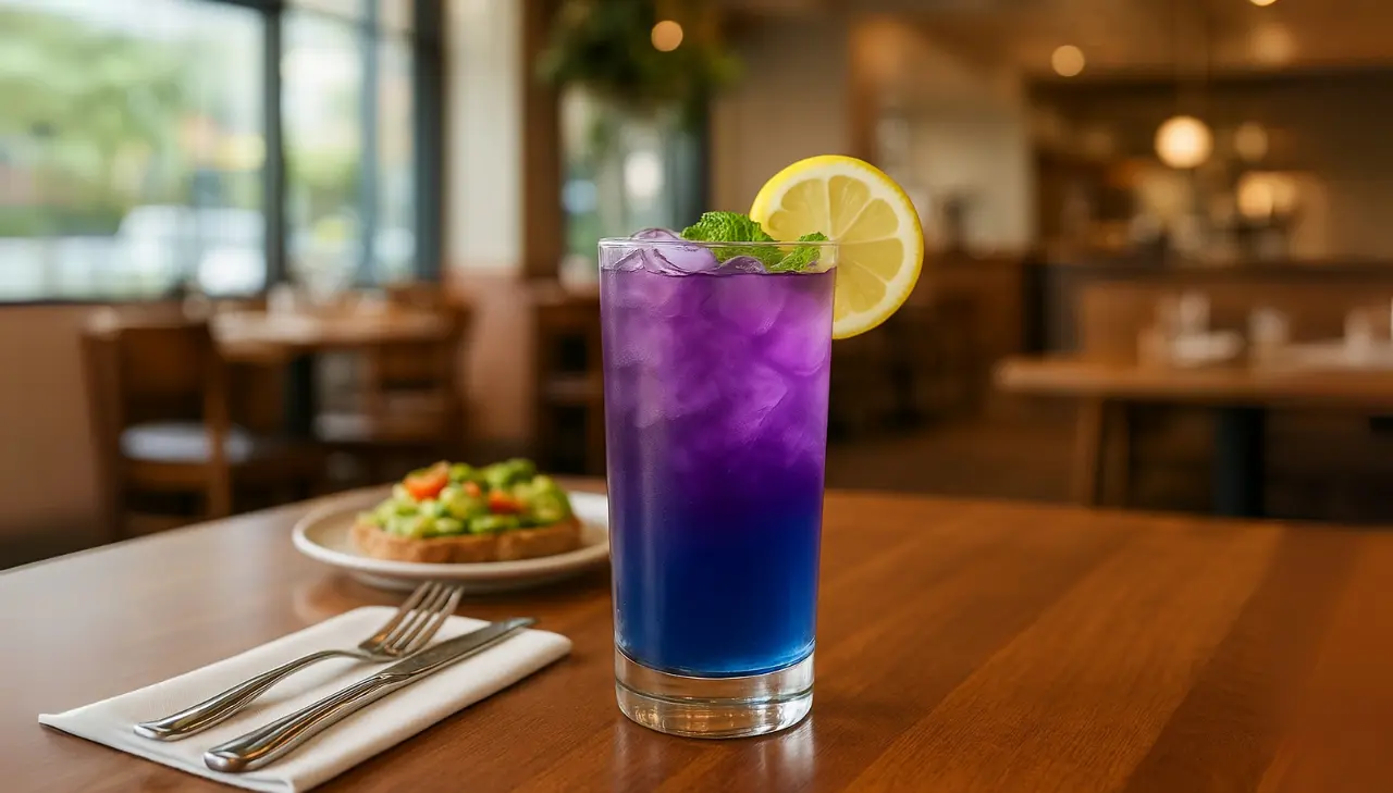 A tall glass of purple haze drink first watch and blue layered drink garnished with a lemon slice and mint, sits on a wooden table with cutlery. Avocado toast is blurred in the background.